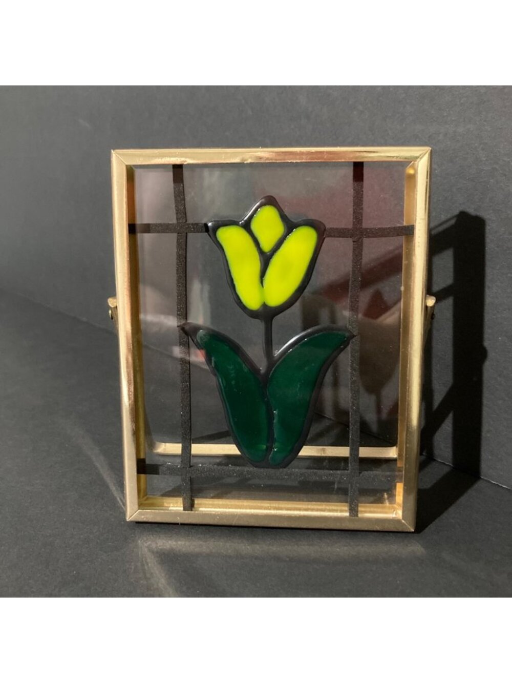 Stained Glass Look Yellow Tulip Panel With Gold Metal Frame